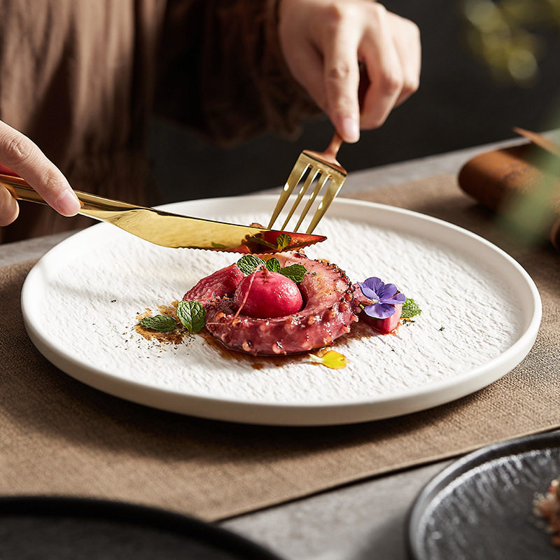 Creative Rock Pattern Ceramic Japanese Style Dish White Home Salad Light Luxury Western Food Dish with Side Commercial Steak Plate