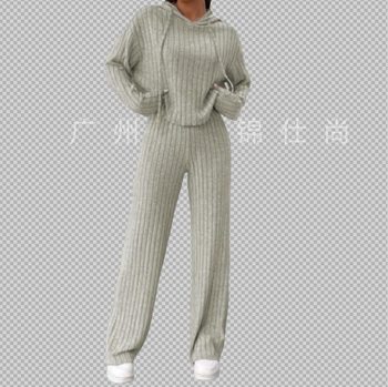 Cross-Border European and American Foreign Trade Spring and Autumn New Casual Knitted Striped Hooded Sweatshirt Loose Long-Sleeved Trousers Women's Suit