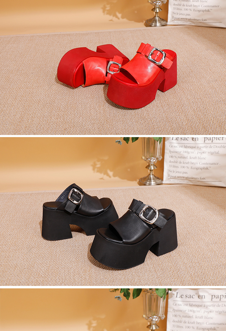 Dép sandal nữ quai ngang da bò thật đế dày tăng chiều cao đi ngoài trời — Màu đen, Màu đỏ