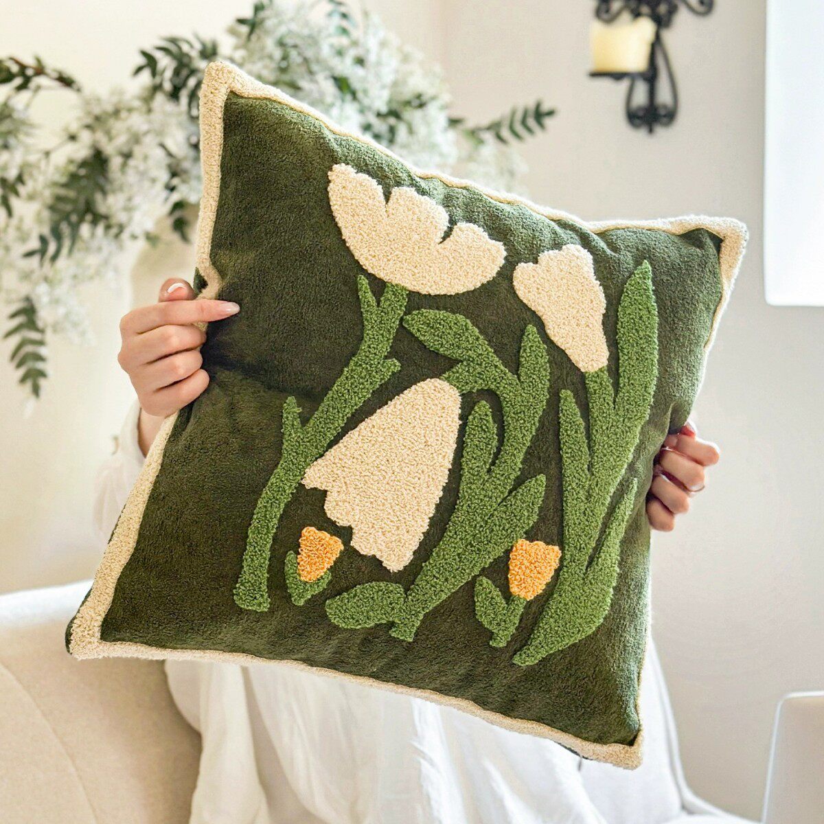 Cream Style Living Room Towel Embroidered Pillow Cushion Pink Flower Bedroom Bedside Cushion Lumbar Pillow Backrest Pillow Cover Included