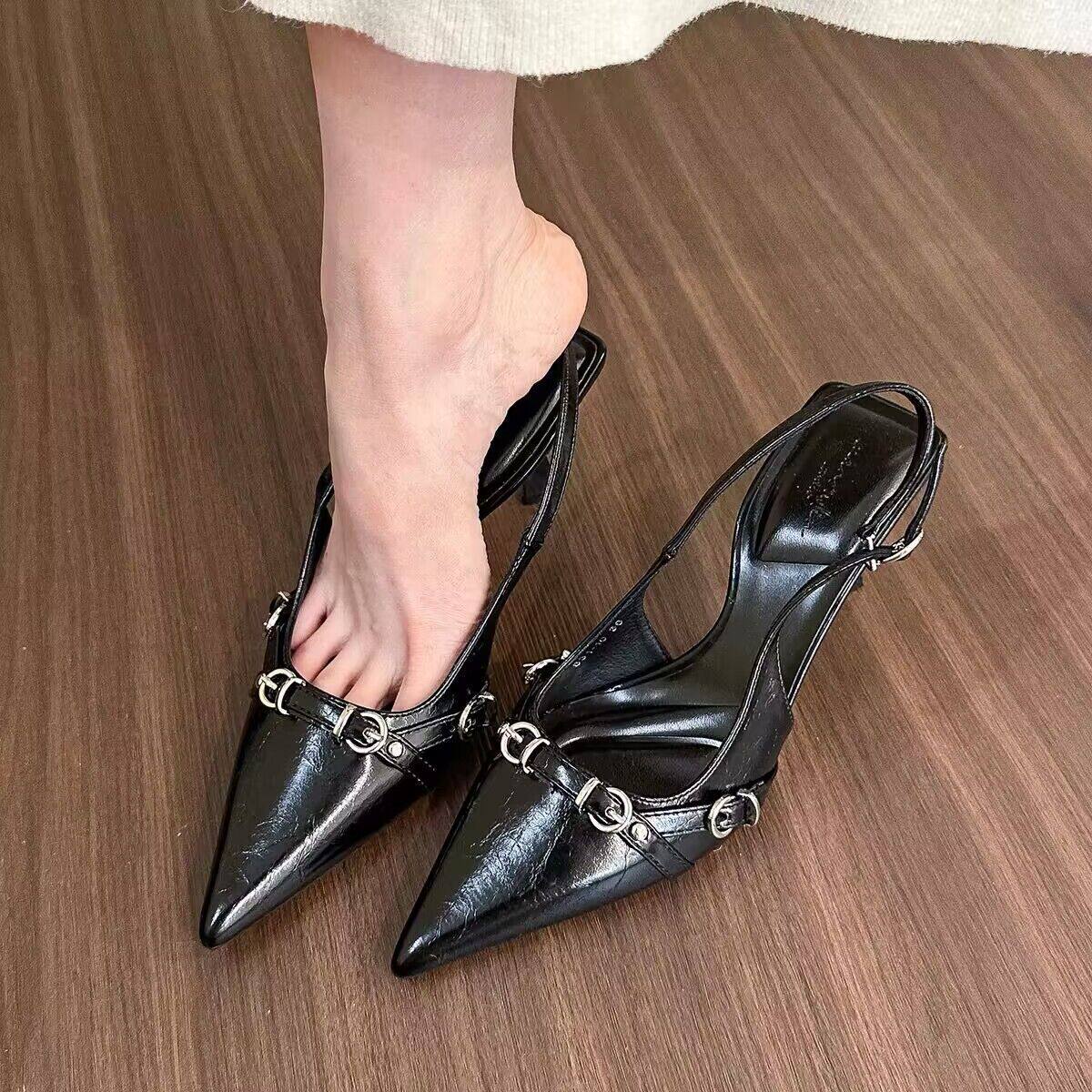 Tweed Style Black Patent Leather Pointed Toe Special-Shaped High-Heeled Shoes 2024 Spring New Supermodel Same Fashion Sandals