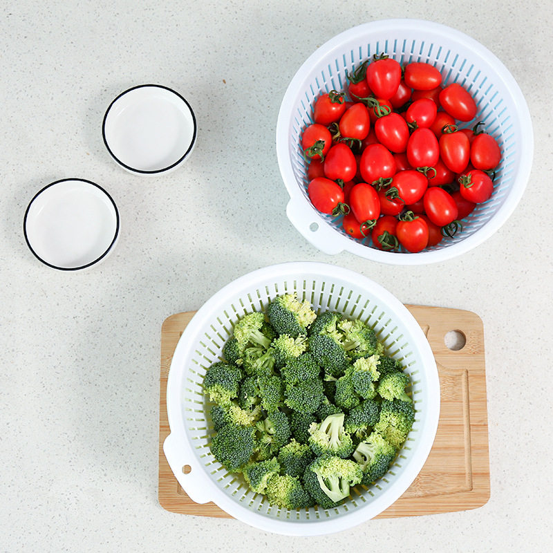 Double-layer Plastic Draining Basket Kitchen Round Fruit Basket Household Storage Water Filter Vegetable Washing Basin Simple Creative Vegetable Washing Basket