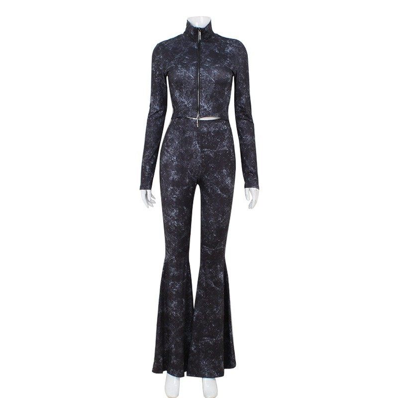 Fashionable Zip Up Crop Top with High Waisted Flare Pants Trendy Design for Casual Outings Wholesale Available