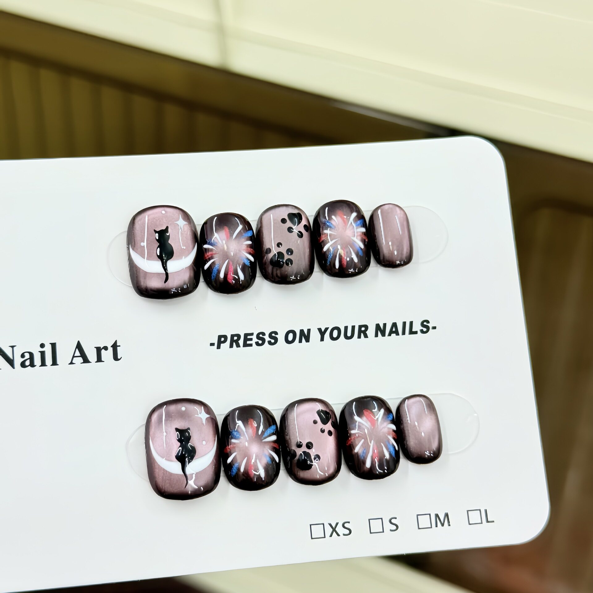 Moonlight Cat Pure Handmade Wearable Nails Purely Hand-Painted Fireworks Cute Cat Cat Eye Therapy Nails Fake Nails Nail Art Stickers