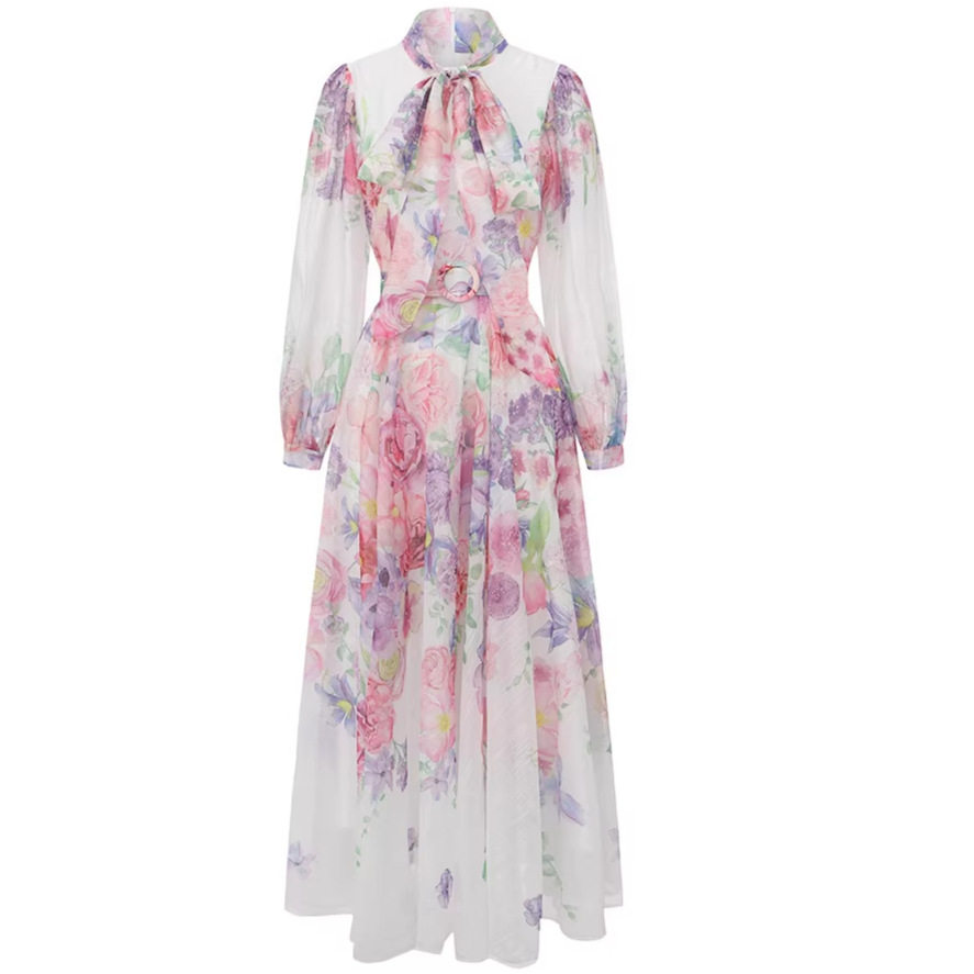French Vacation Style Floral Print V Neck Dress Bow Detail Waist Defined Elegant A Line Skirt Spring and Autumn Wear