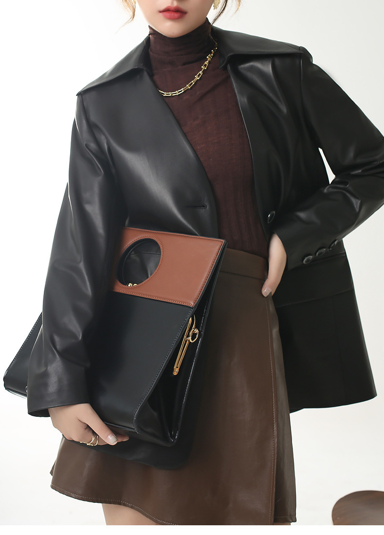 Áo khoác da cừu nữ dáng blazer không cổ — Màu đen không cổ, Phấn Xám không cổ