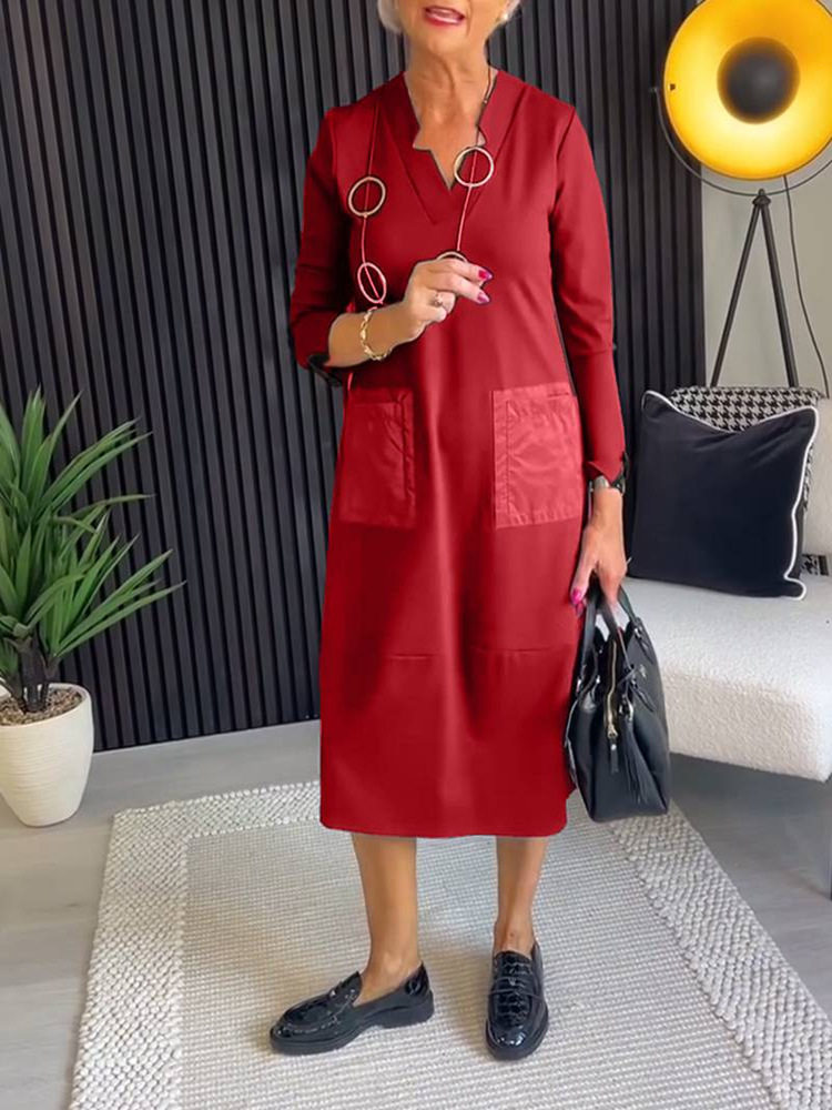 V Neck Long Sleeve Dress Slim Fit Solid Color Pocket Design Autumn Fashion for Women Wholesale Available