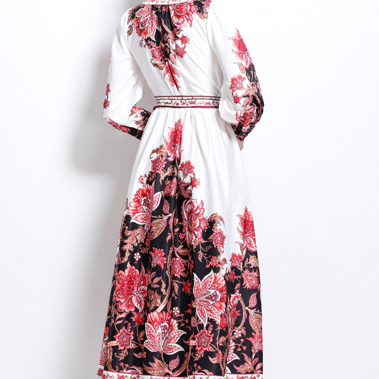 Vintage Floral Print Maxi Dress for Women Cross V Neck Waist Tie Lantern Sleeves Elegant Evening Wear Wholesale