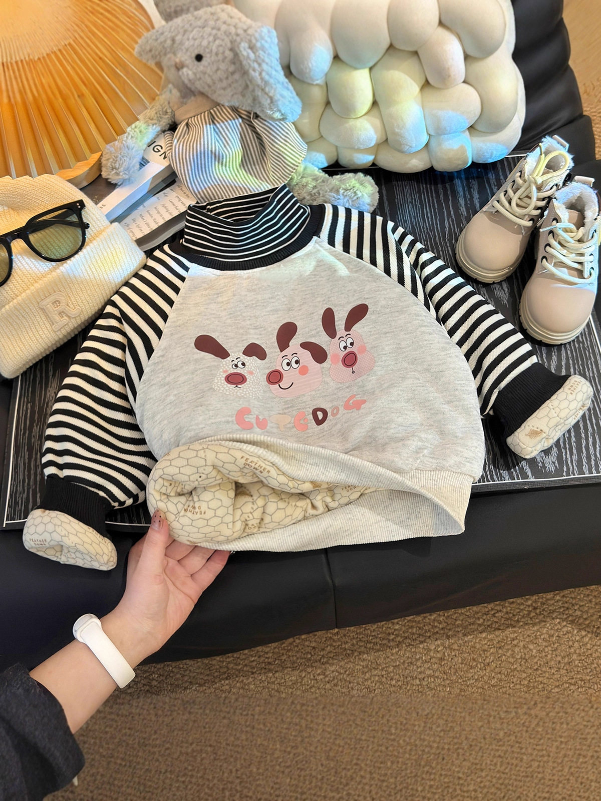 Children's Padded Thickened Top, New Winter Style, Boys & Girls Thermal Casual Striped Half-Turtleneck Undershirt