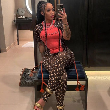 European and American Popular Cross-Border Fashion Trend Moon Print Design Elastic Slim Sexy Bottoming Top and Pants Suit