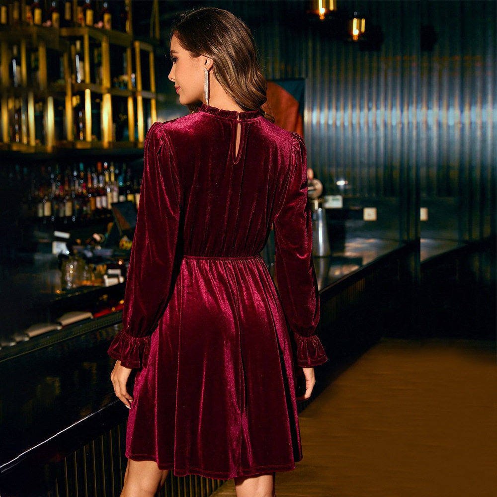 Velvet Party Dress Elegant A Line Silhouette Half High Neck Waist Defining Comfortable Fit Perfect for Evening