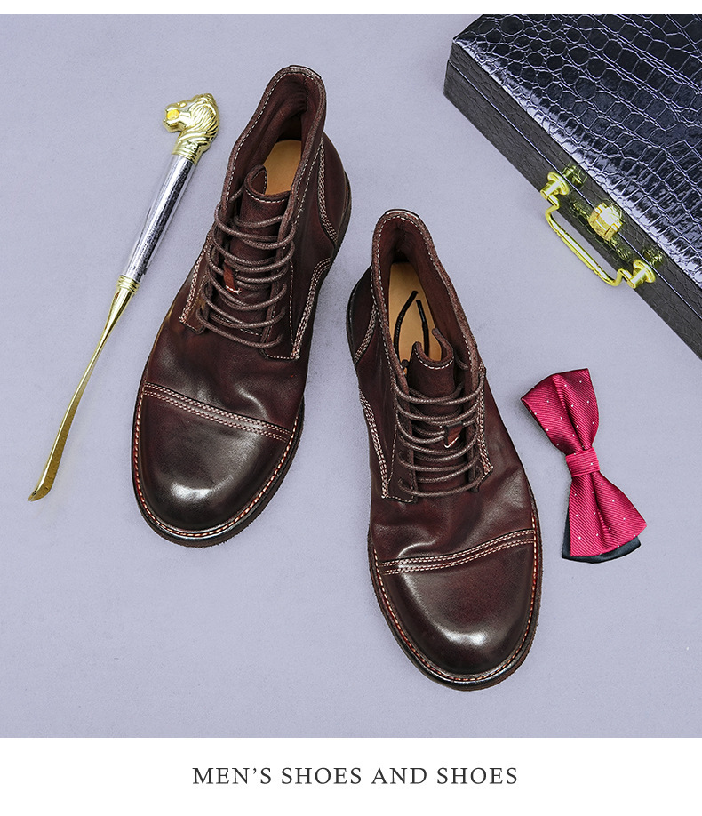 Giày boot nam da ngựa cổ cao mũi tròn đế khâu Goodyear thủ công — Màu đen, Màu cà phê