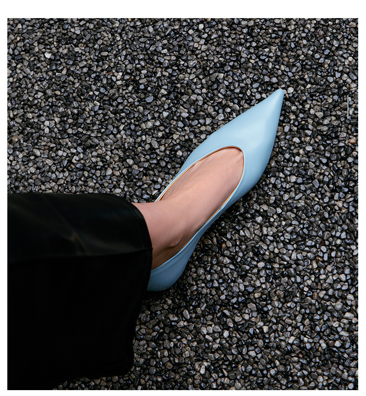 Giày cao gót nữ mũi nhọn gót thô 3cm da bò thật, giày slip-on thanh lịch dễ phối đồ — Chu Guli, Màu trà sữa, màu xanh mờ