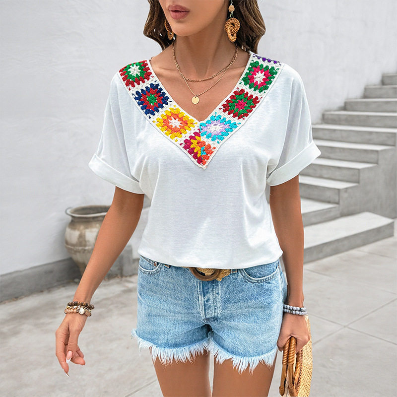 Casual Vacation Top V Neck Colorful Crochet Patchwork Ethnic Style Womens Fashion Wholesale Available