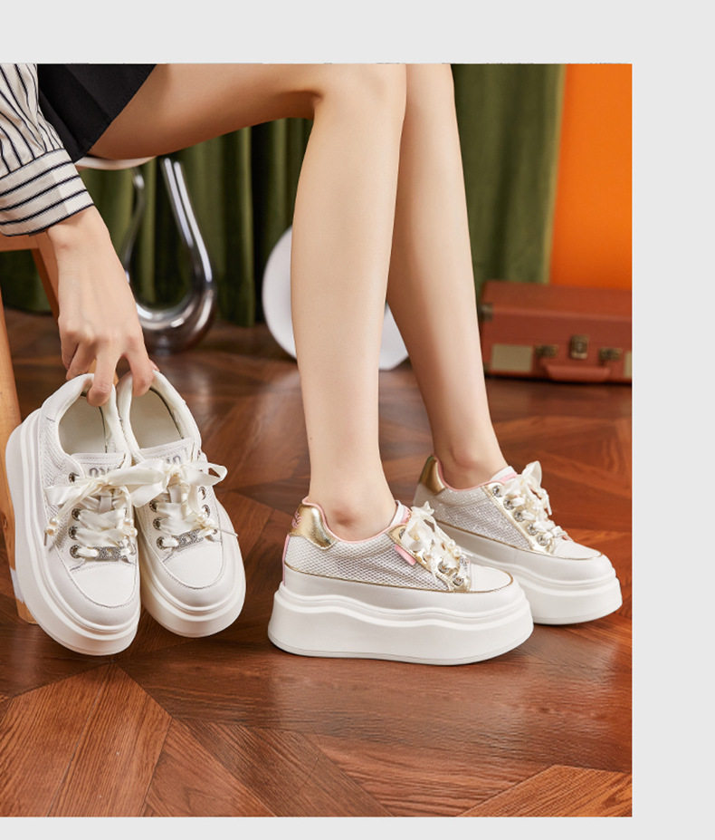 Giày sneaker nữ chunky đế dày trắng phối dây buộc phong cách platform — Trắng, Bột trắng chi tiết 11