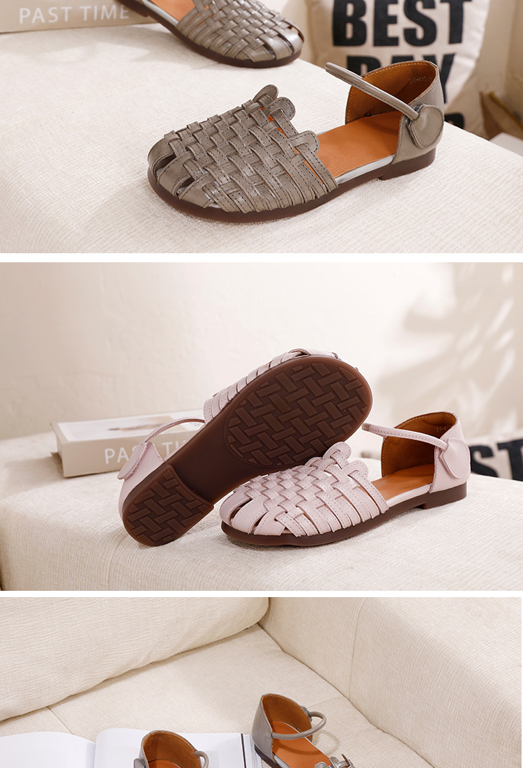 Sandal nữ quai ngang da bò thật đế mềm thủ công êm chân — Màu hồng sen, màu xám