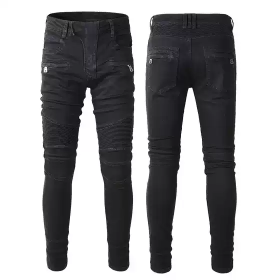 American High Street Trendyy Multi-Flap Pocket Pants Stretch Slim Fit Pants Knee Pleated Motorcycle Jeans Men's Pants 964