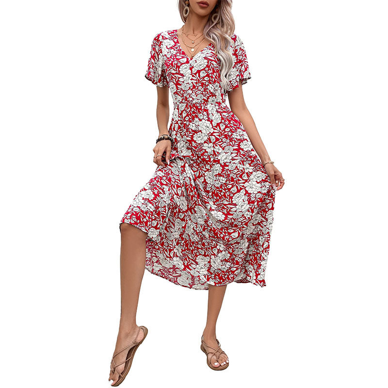 Floral Print V Neck Dress Sweet Bohemian Style Summer Vacation Wear Available in Various Sizes Wholesale Options