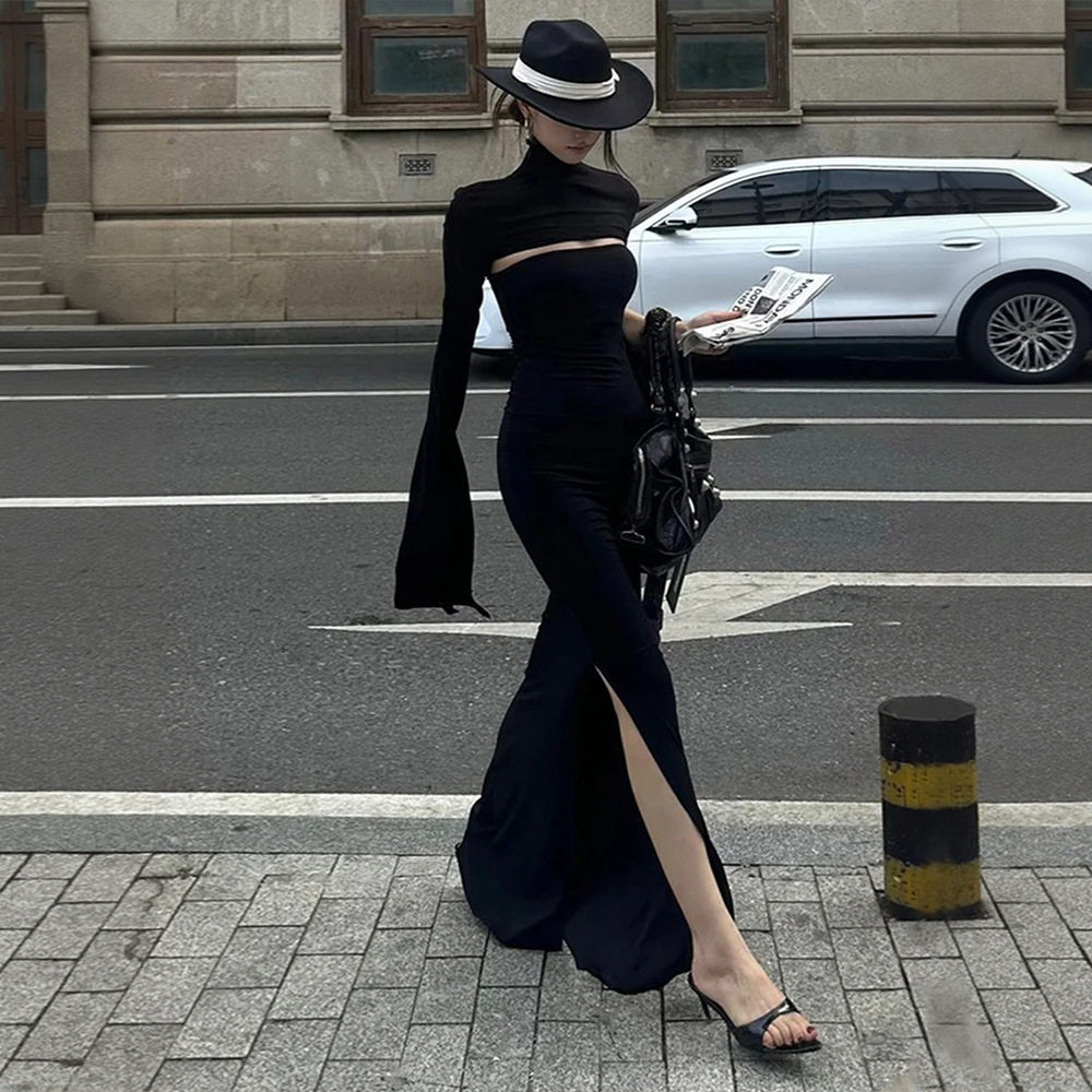 Black Fishtail Dress Slim Fit High Neck Hollow Out Side Split Elegant Evening Wear Wholesale Available