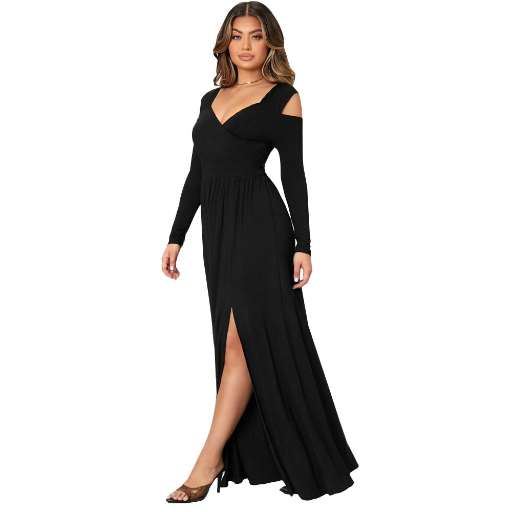 Chic V Neck Long Dress Elegant Split Design Lightweight Fabric Spring Summer Womens Fashion Wholesale Available