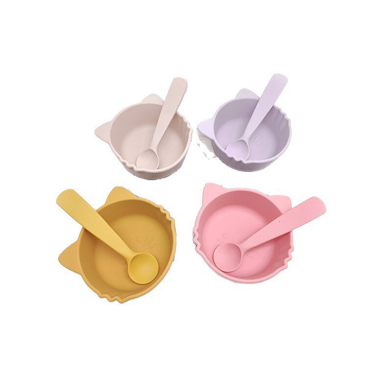 Silicone bowl spoon meal feeding cat bowl suction cup children's bowl baby complementary food fork spoon suit silicone suction cup bowl