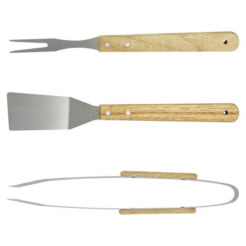 Outdoor Camping Stainless Steel Grill Three-Piece Set Barbecue Wooden Handle Fork Shovel Clip Bbq Combination Cross-Border Wholesale