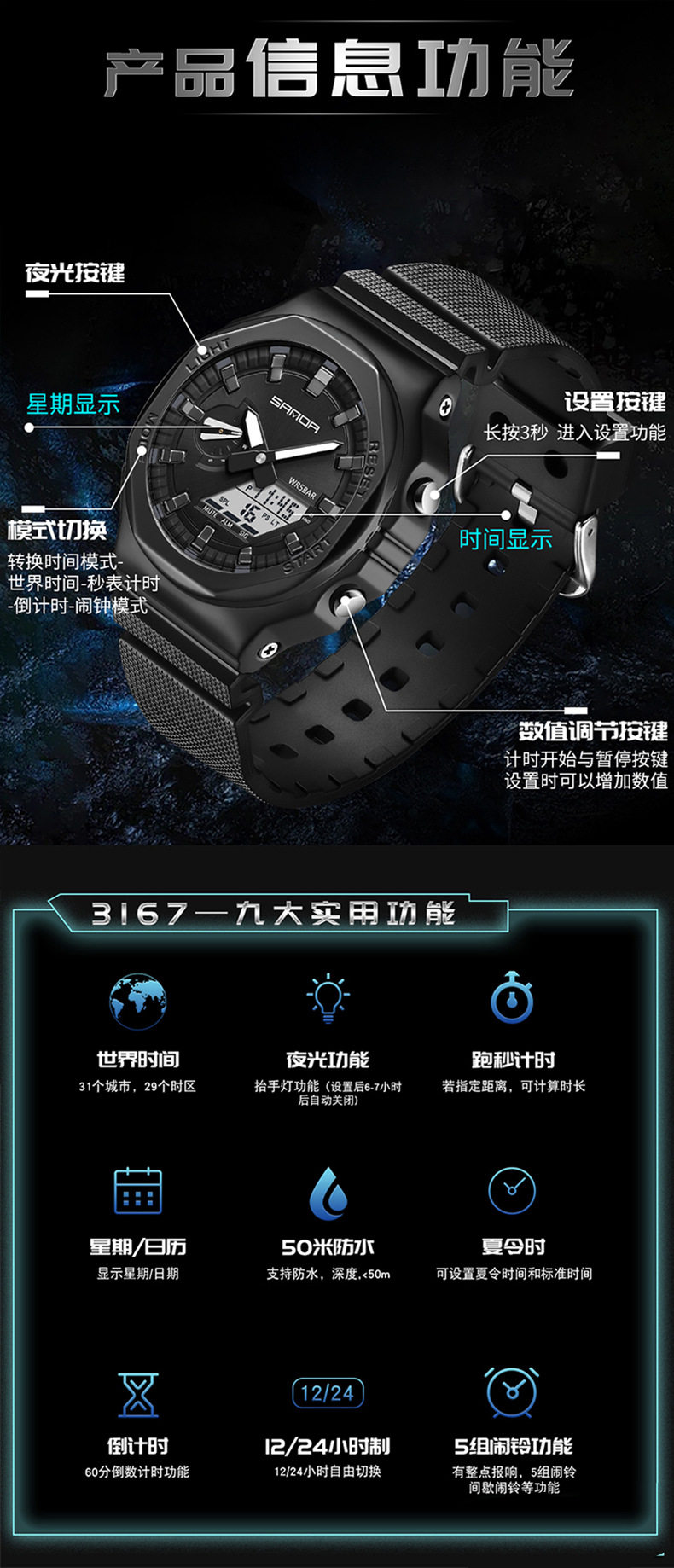 Octagonal Oak Hand-Raising Light Watch Men's Trendy Luminous Fashion Steel Heart Waterproof Sports Alarm Clock Live Explosions 8 O1CN01bj3J611qpfBJS7iRi !!2206469685545 0 cib