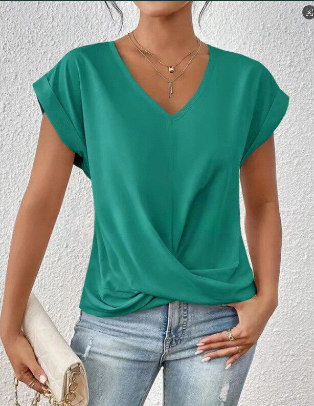 2024亚马逊跨境纯色V领T恤优雅短袖上衣春夏女装亚马逊跨境