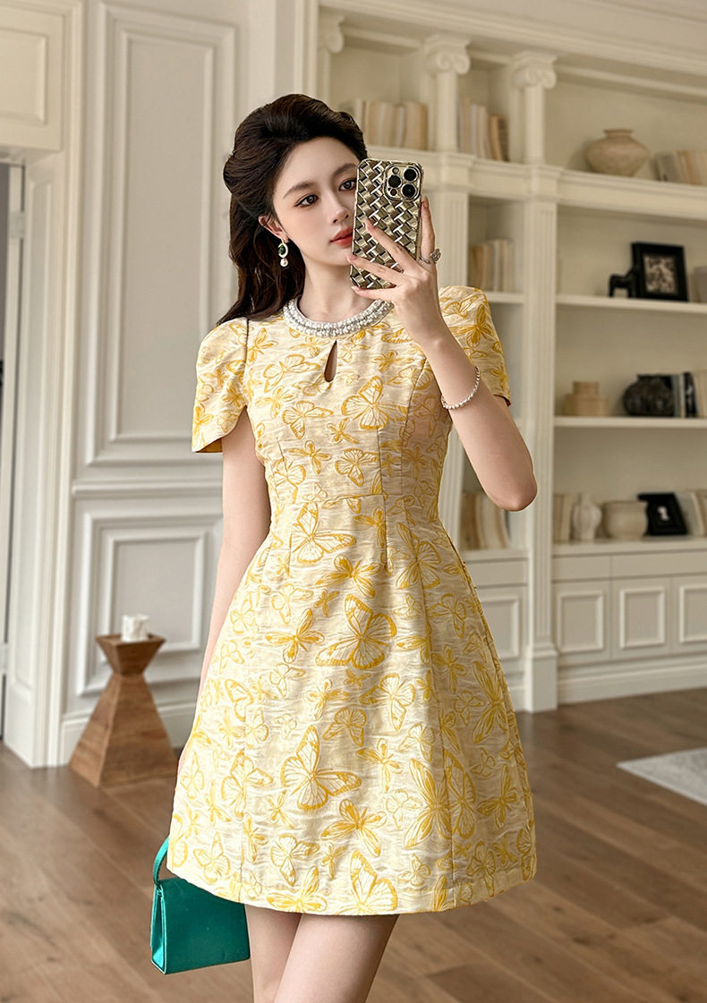 Đầm suông midi retro phong cách Pháp in họa tiết tay ngắn — [Vàng] chi tiết 1