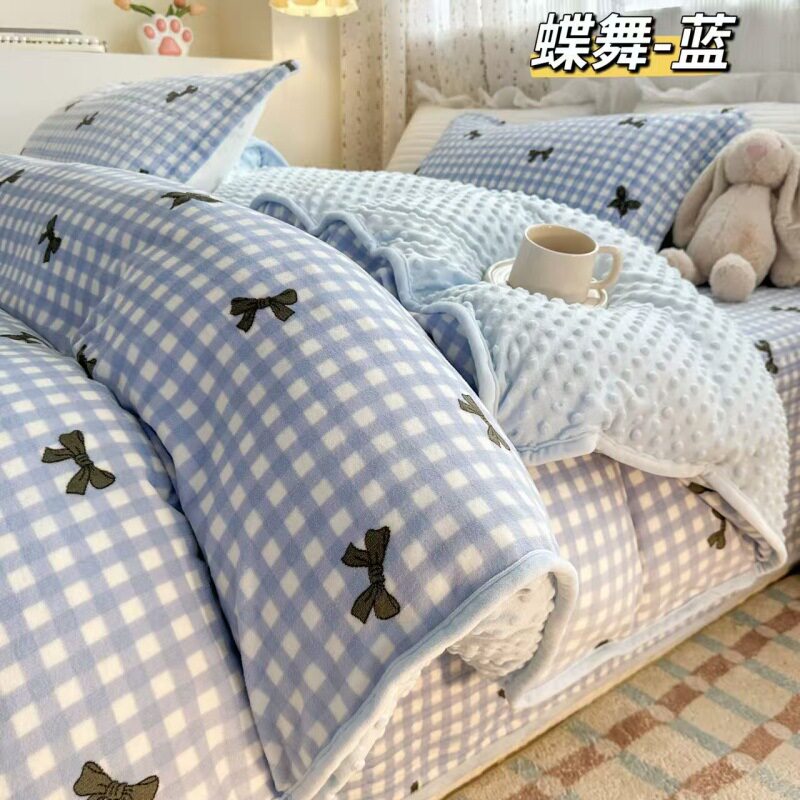 Milk Velvet Bed Cover Four-Piece Set, Bean Velvet Printed Quilt Cover, Thickeneded Quilted Bed Sheets, Kang Cover, Blanket and Velvet Bed Cover