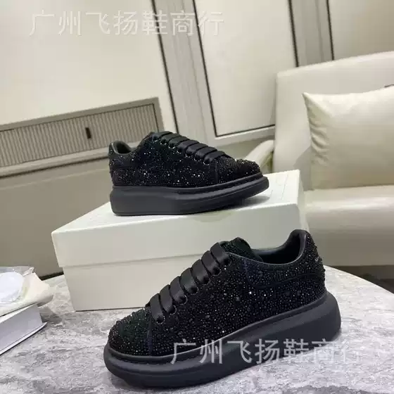McQueen New Rhinestone White Shoes Women's European Station Platform Height Increasing Casual Lace-up Leather Sneakers Men's Trendy Shoes