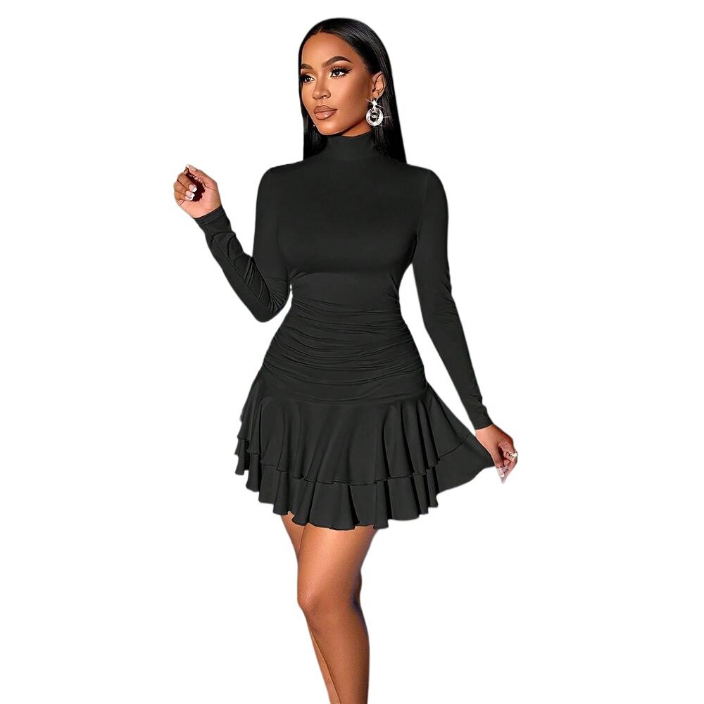 High Neck Bodycon Knit Dress Black Ruffled Hem Layered Design Short Length Perfect for Parties or Casual Outings