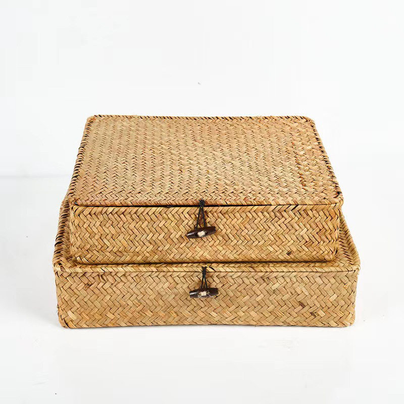 Seagrass Covered Storage Box Rattan Straw Storage Basket Desktop Miscellaneous Storage Basket Snack Storage Box Toy Storage Box