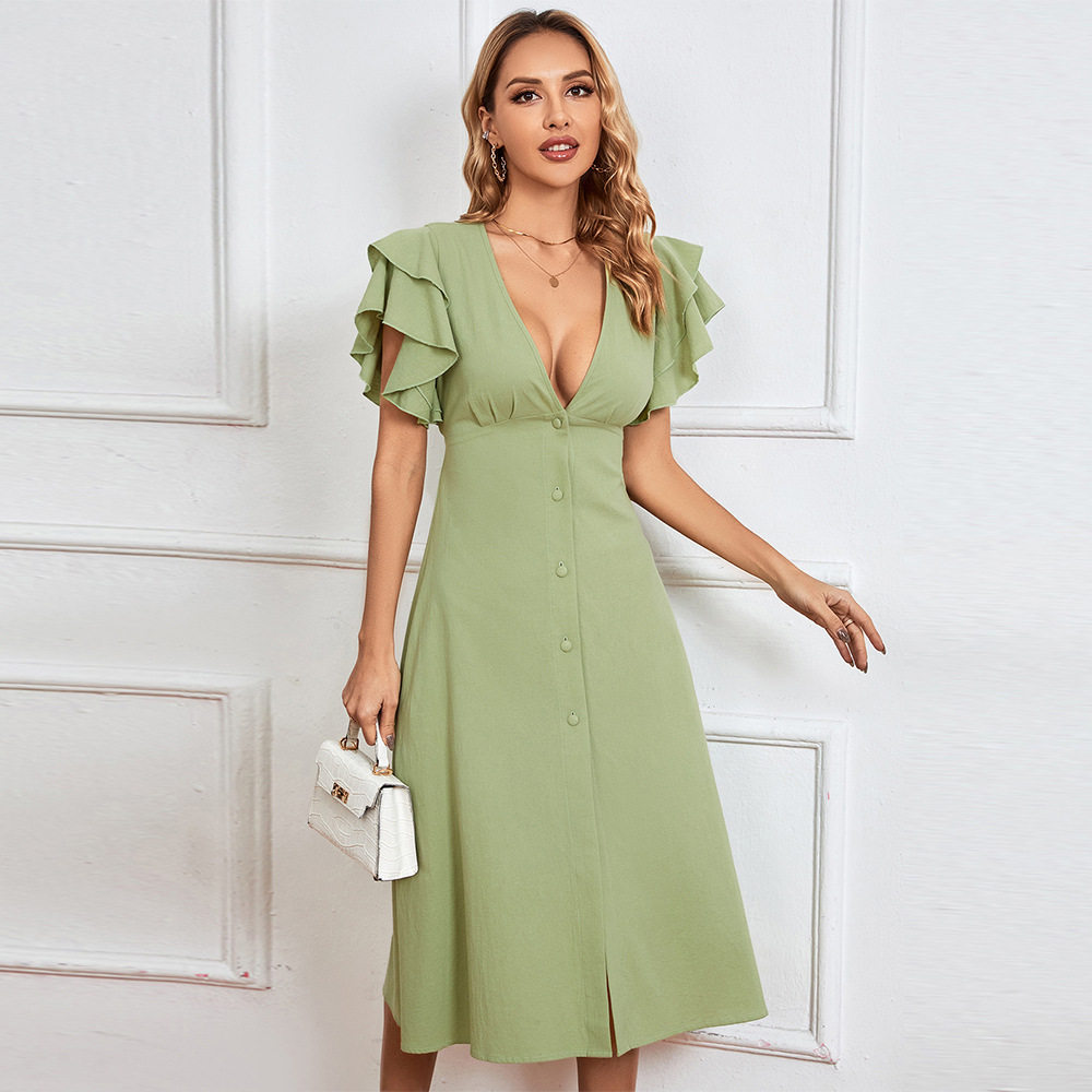 V Neck A Line Dress Sexy Backless Design Mid Length Spring Summer Collection Wholesale Womens Fashion Apparel