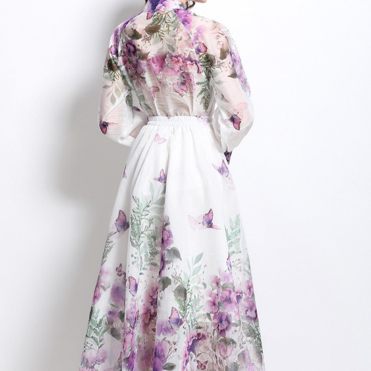 Womens High End Floral Print Two Piece Set Lantern Sleeve Top High Waist Skirt Spring Fashion for Elegant Occasions