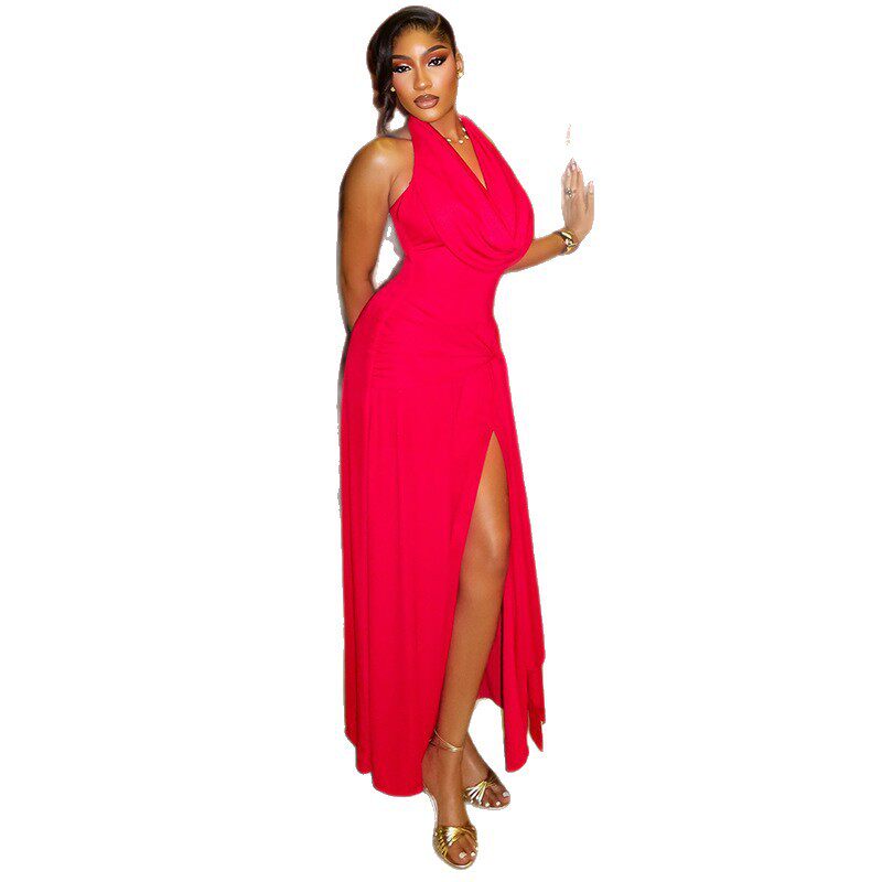 Elegant Solid Color Bodycon Maxi Dress with Side Slit Waist Cinching Design Ruffled Neckline Perfect for Parties and