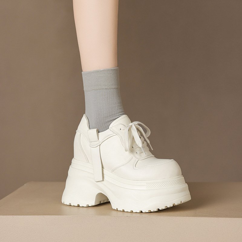 Giày sneaker nữ da bò thật đế dày tăng chiều cao 12cm dáng dad shoes buộc dây — Màu đen, Màu trắng