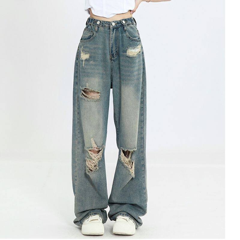 Plus Size Womens High Waisted Ripped Denim Jeans Loose Fit Straight Leg Street Style Casual Wear Wholesale