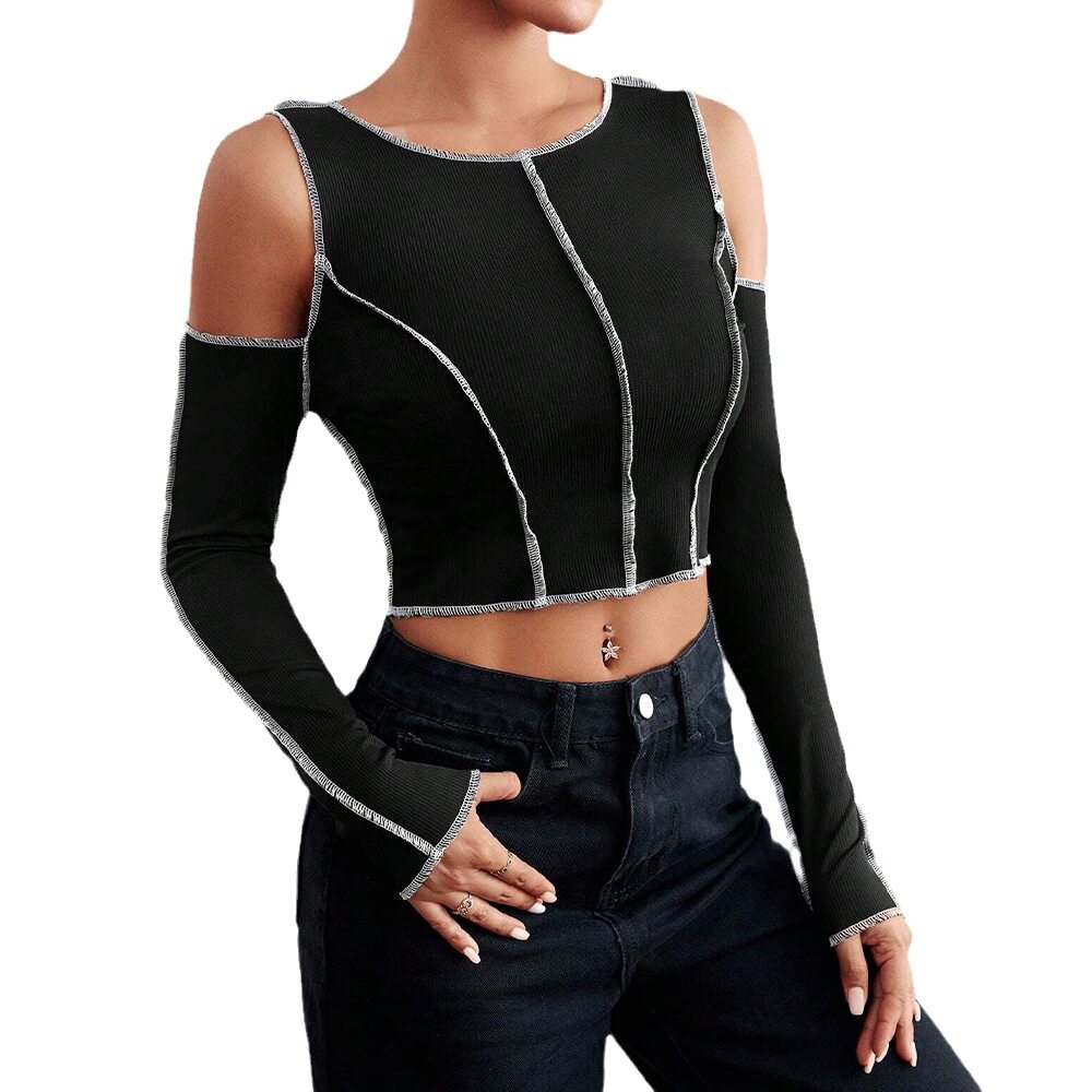 Slim Fit Color Block Off Shoulder Long Sleeve T Shirt Stylish Stitching Detail Casual Wear for Women Wholesale Available