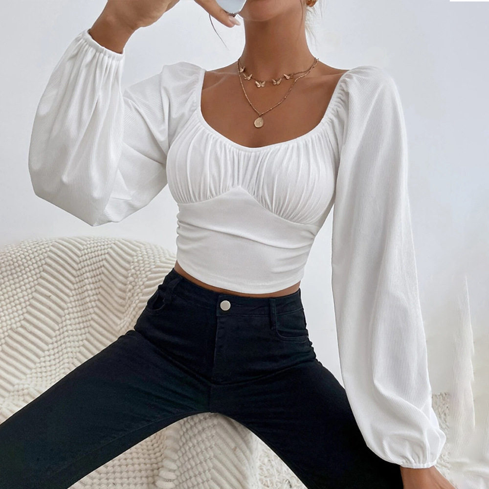 Casual Womens T Shirt Long Sleeve Waist Defined Short Crop Spring Summer Fashion for Parties and Vacations