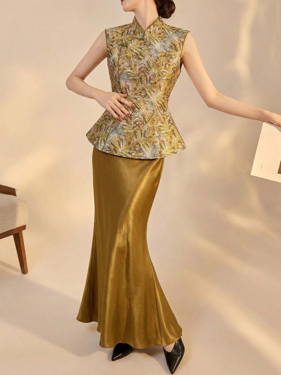 Bộ áo gile dệt jacquard cổ cao không tay kèm chân váy dài chữ A họa tiết hoa — Chân váy vàng hổ phách (giao hàng trong 7 ngày), Chân váy xanh lá trúc (giao hàng trong 7 ngày), Áo gile dệt jacquard (giao hàng trong 7 ngày), Áo gile dệt jacquard (giao hàng trong ngày)