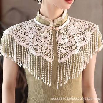 2025 New Chinese Pearl Tassel Cloud Shoulder with Cheongsam Cheongsam Toast Clothing for Bride National Style Slim-fit Lace Shawl