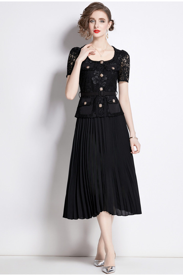 French Style Elegant Womens Dress High End Lace Trimmed Pleated Long Skirt Perfect for Formal Events Wholesale
