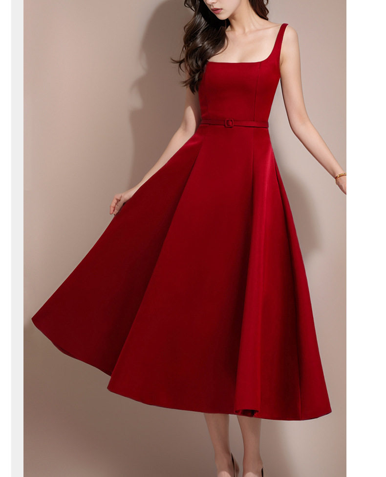 Đầm maxi nữ thắt eo dáng công chúa tay không cổ tròn — Đỏ, Hồng, Đen chi tiết 3
