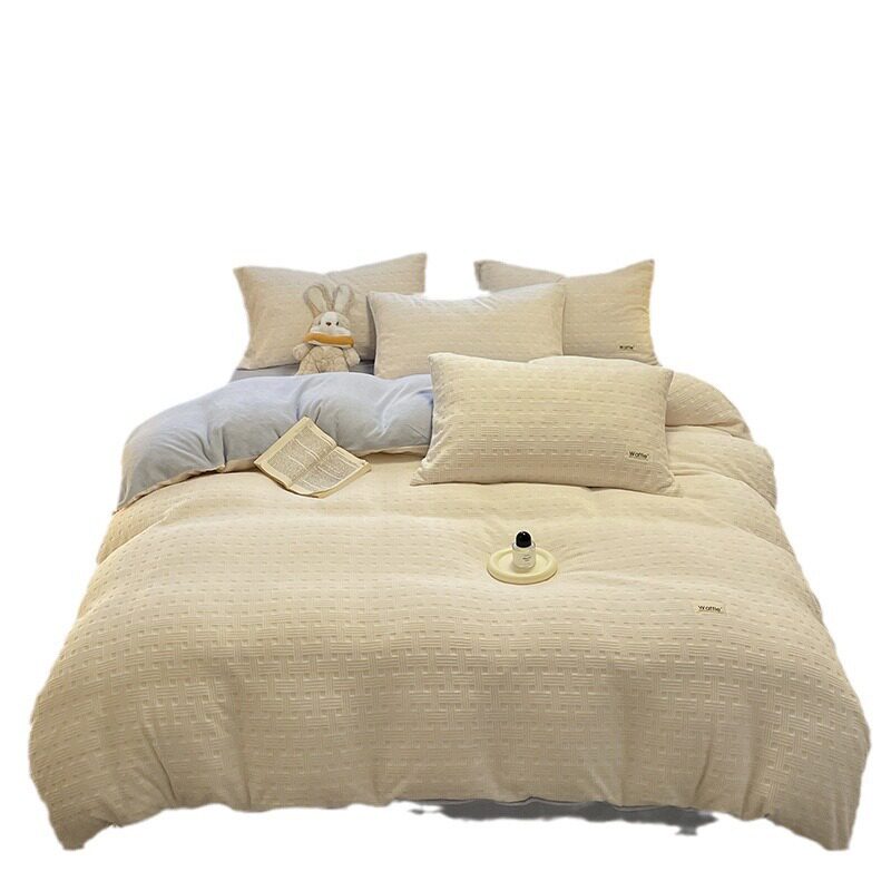 Winter milk velvet four-piece set class a maternal and infant grade thick warm anti-static solid color carved velvet flannel quilt cover
