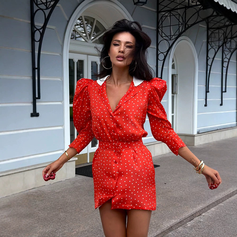 Vintage French Style Polka Dot Dress Elegant Collar Mid Length Long Sleeve Perfect for Autumn Events Wholesale