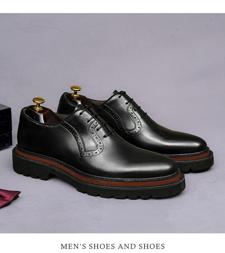 Giày Oxford nam da bò đế dày chạm khắc brogue mũi tròn — màu đen, Màu be