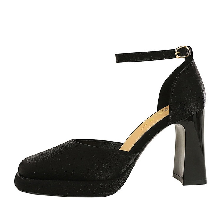 Sandal cao gót nữ quai ngang mũi vuông đế xuồng mặt satin — Màu đen, Màu đỏ rượu, Màu sâm panh, Màu trắng