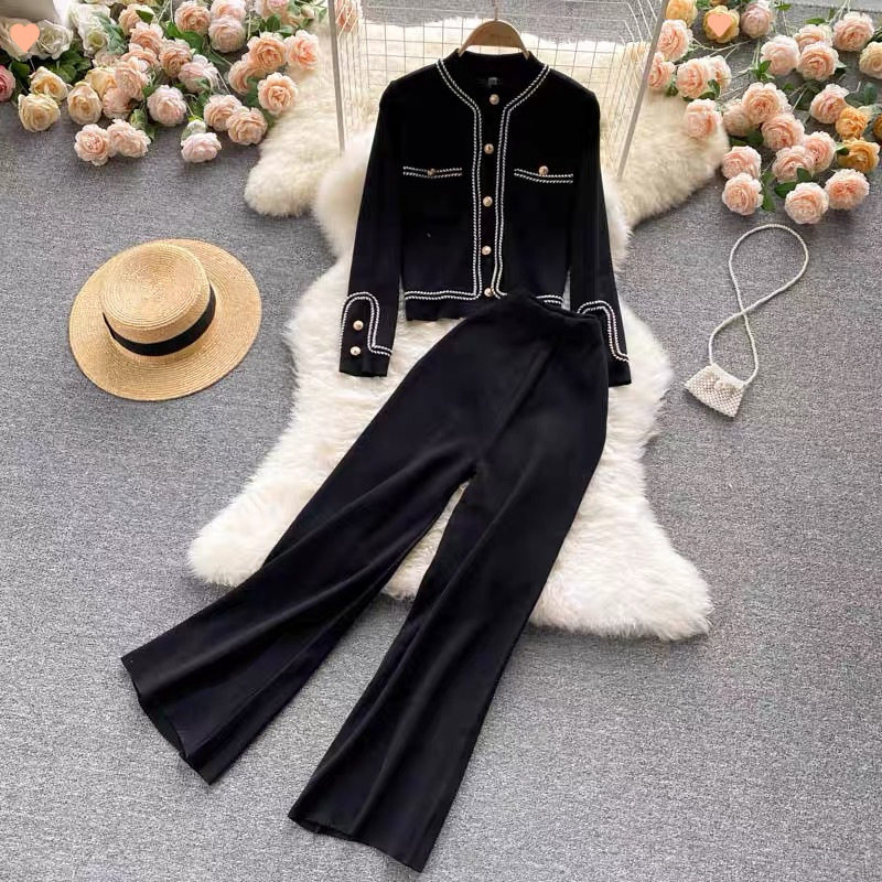 Light and Sophisticated Style Knitted Suit for Women in Autum New Design Single-Breasted Cardigan High-Waist Slimming Wide-Leg Pants Two-Piece Set