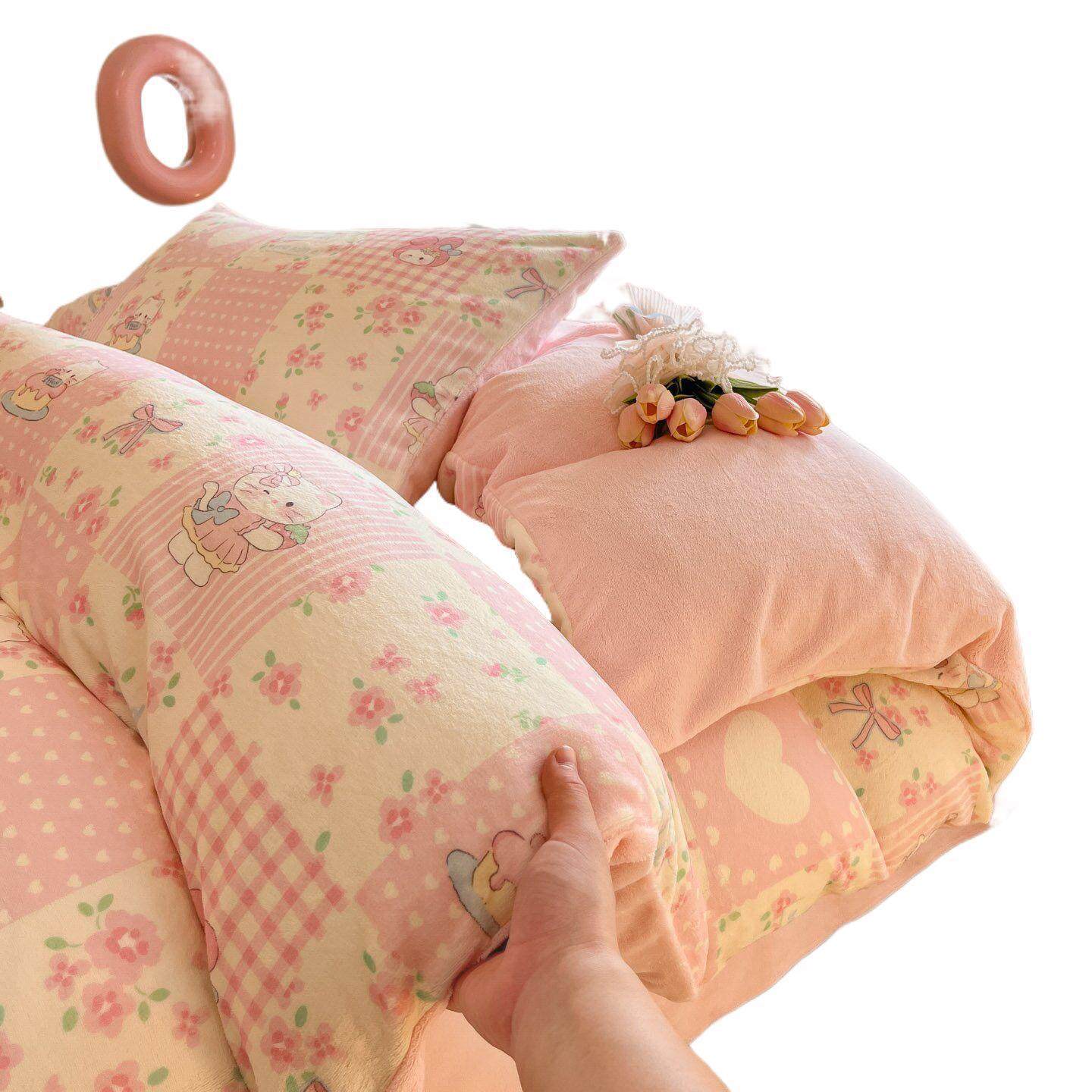 Winter Thickeneded Milk Velvet Bed Four-Piece Set Double-Sided Coral Velvet Quilt Cover Flannel Fleece-Lined Bed Bed Sheets Quilt Cover Three-Piece Set